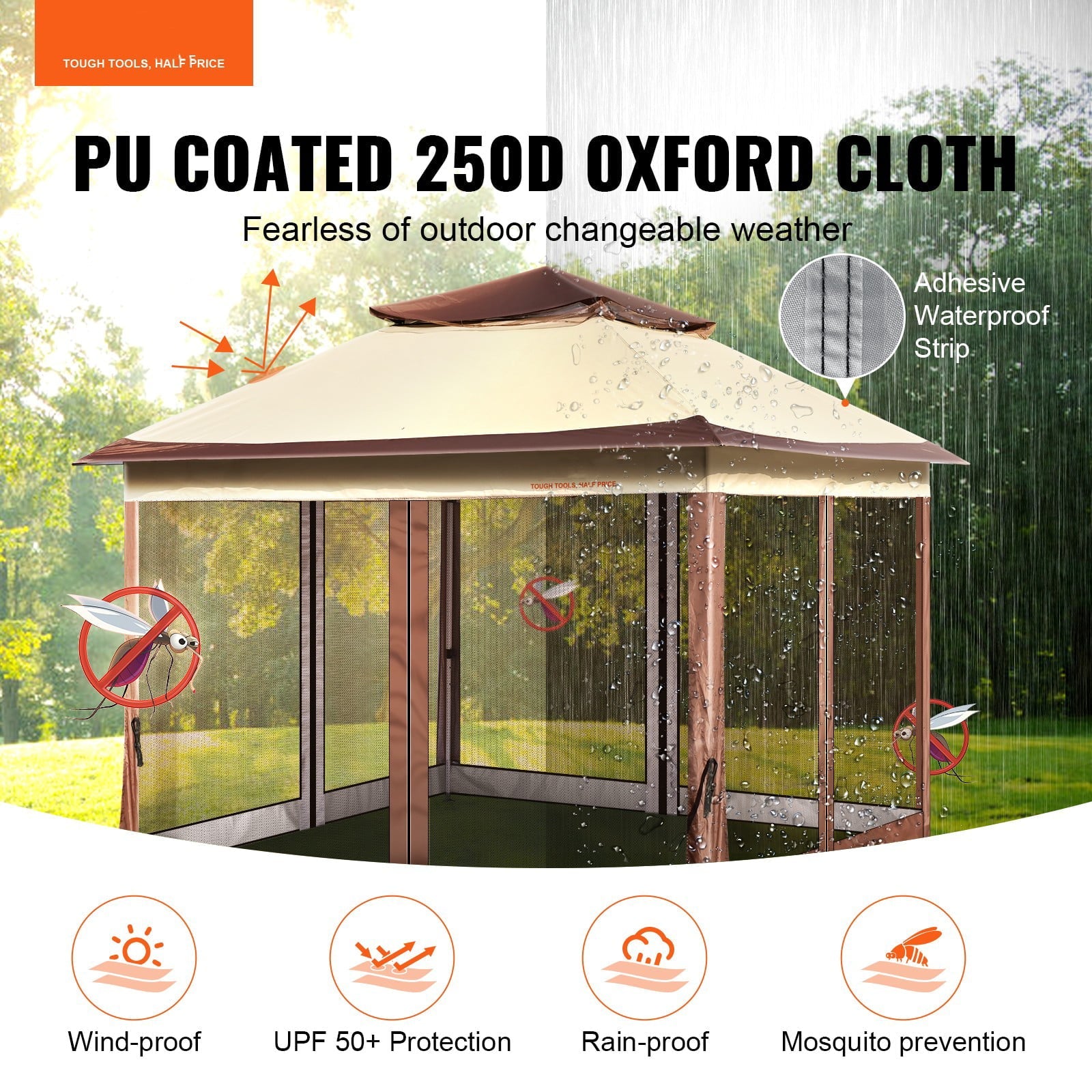 BENTISM Patio Gazebo, 11 x 11 FT Pop up Gazebo Tent for 8-10 Person, with Mosquito Netting, Metal Frame, and PU Coated 250D Oxford Cloth, Outdoor Canopy Shelter