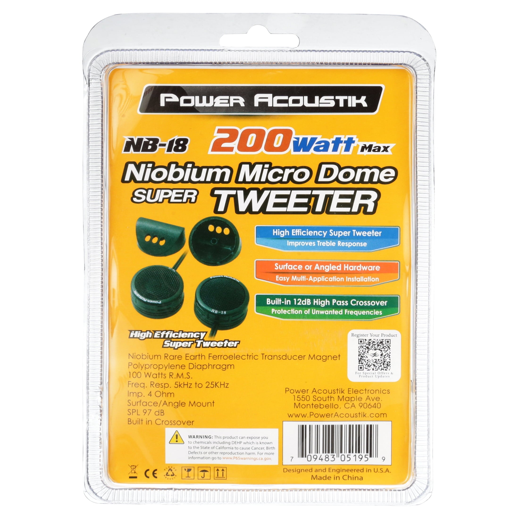 Power Acoustik NB-18 200 Watt Max Niobium Micro Dome Super Tweeter | Polypropylene Diaphragm | 100 Watt RMS Power