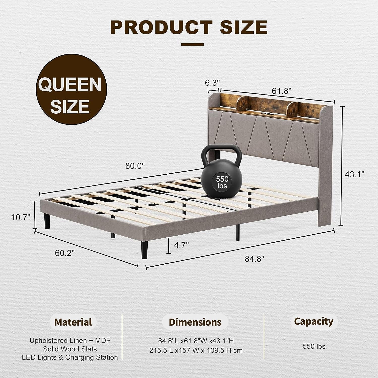 IKIFLY Queen Bed Frame with Charging Station & Storage Shelf Headboard, Upholstered LED Bed Frame with 2 Outlets and 2 USB Ports（1 Type C）, Solid Wood Slats, No Box Spring Needed - Light Brown