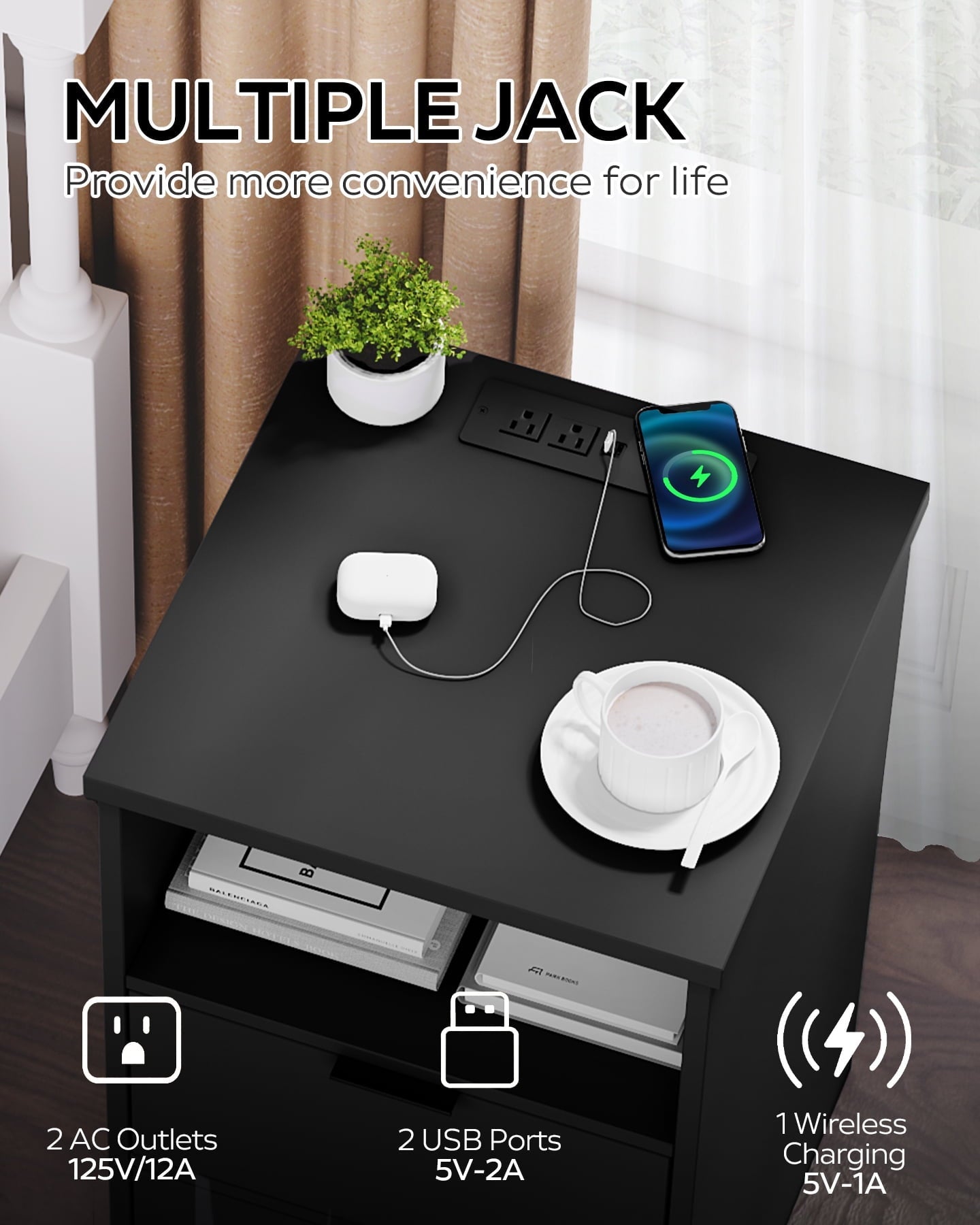 MIRROTOWEL Nightstand, 2 Drawers，with Drawer and Storage Shelf, Bedside Table End Table, Modern Night Stand for Bedroom, Home Office,Black