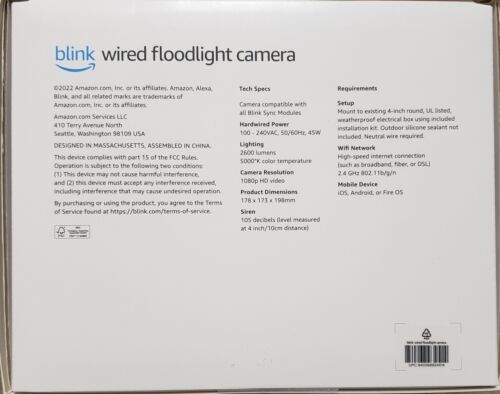Blink Wired Floodlight Camera Smart Security Camera 2600 Lumen HD Live View New!