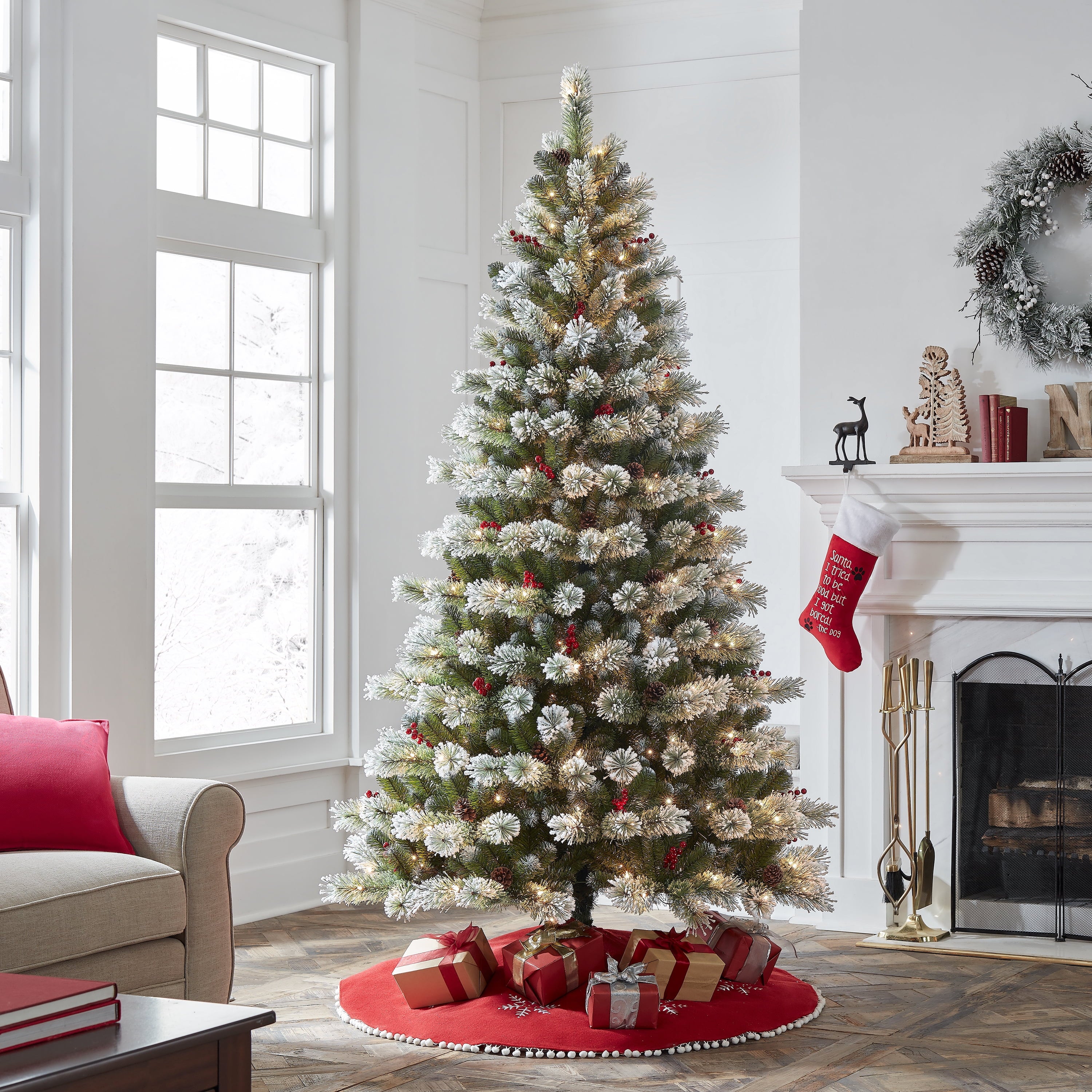 7.5 ft Pre-Lit Flocked Clyburn Pine Artificial Christmas Tree,350 Clear Lights, Green, by Holiday Time