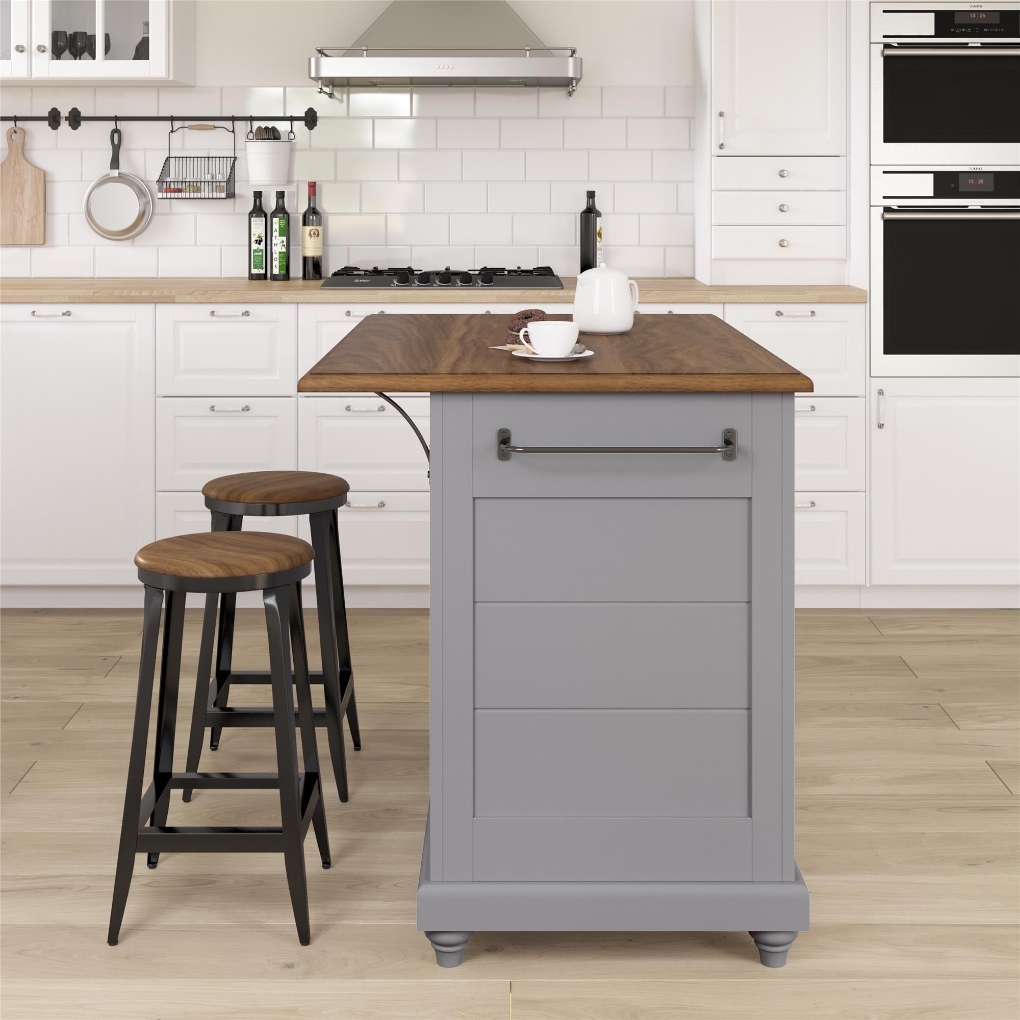 Kelsey Kitchen Island with 2 Stools and Drawers, Gray