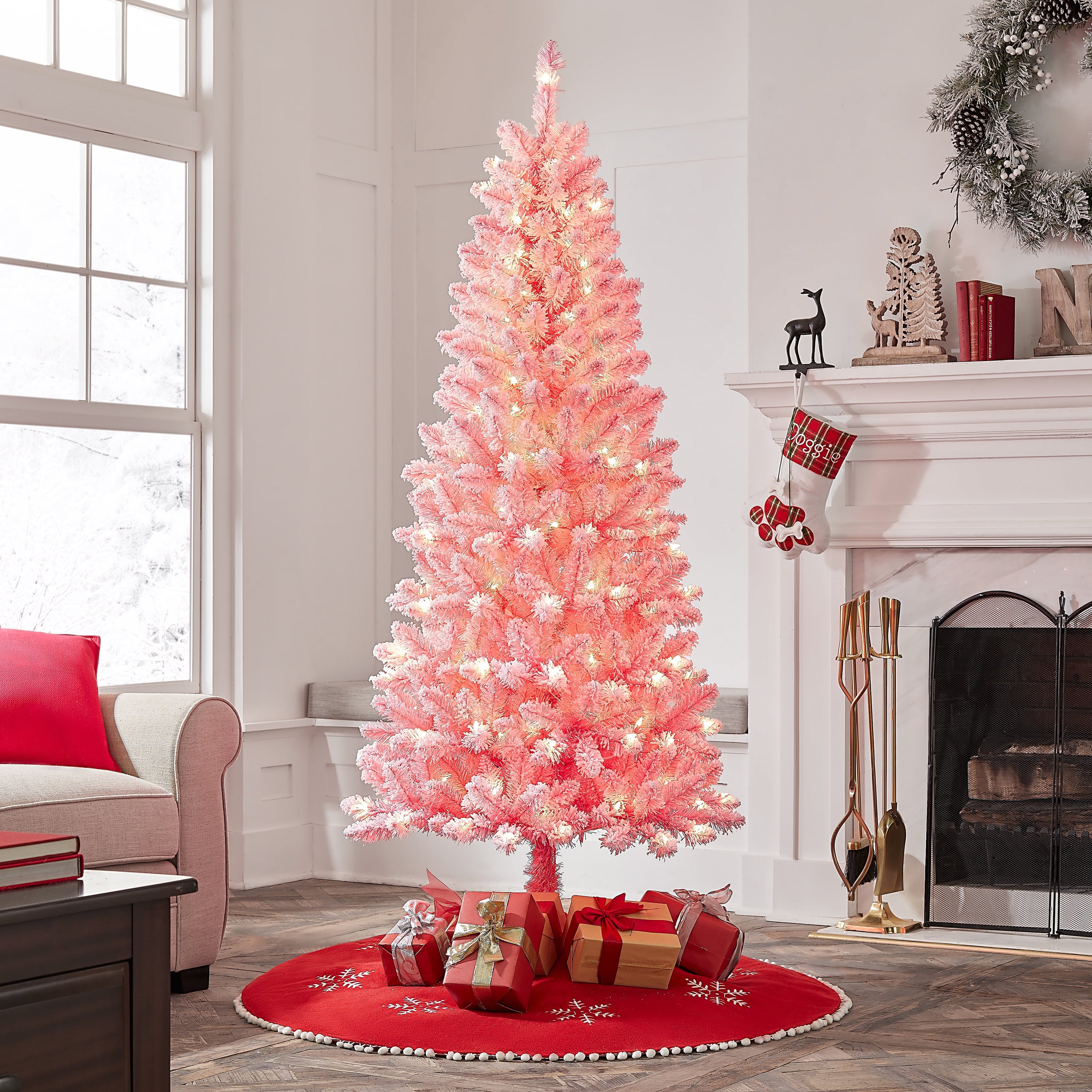 6.5 ft Pre-Lit Pink Flocked Pine Artificial Christmas Tree, 200 Clear Lights, Pink, by Holiday Time