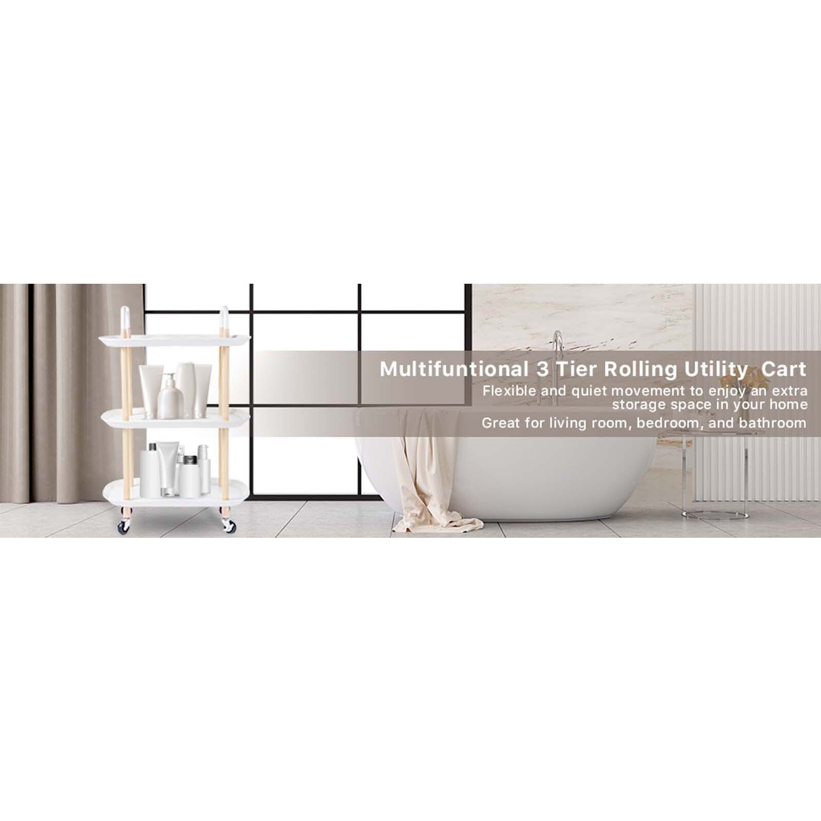 3 Tier Rolling Utility Cart Storage Organizer Service Cart with Handle and Locking Wheels for Home, Bathroom, Office, Kitchen, Coffee Bar, Microwave Cooking Station, White