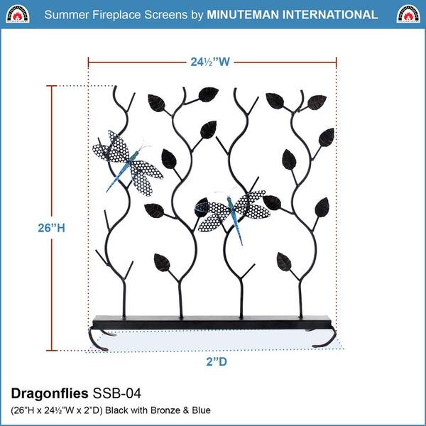26 in. Tall Roman Bronze and Blue 1-Panel Contemporary Dragonflies Summer Fireplace Screen