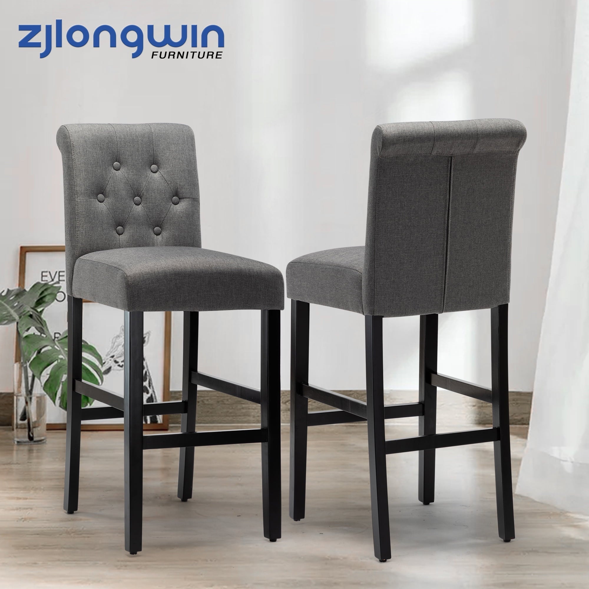 Bar Height Full Back Button Tufted Fabric Upholstered Bar Stool, Gray, Set of 2