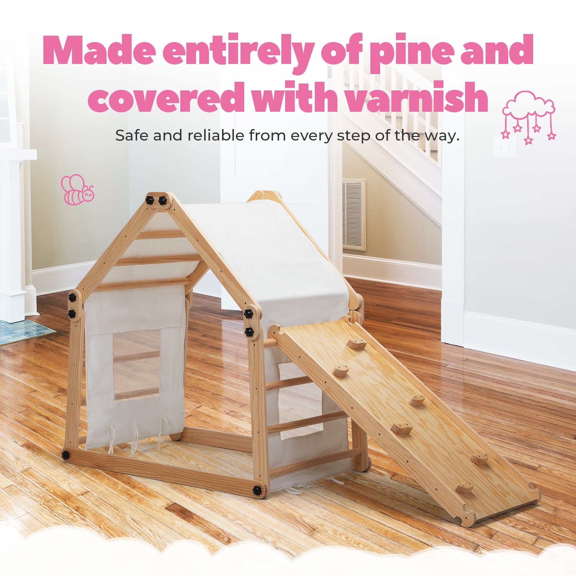 Jaxpety Wooden Triangle Climber Set with Ladder and Canvas Tent, Toddler Indoor Climbing Toys for Kids Aged 3-8 Years Old, Natural Wood