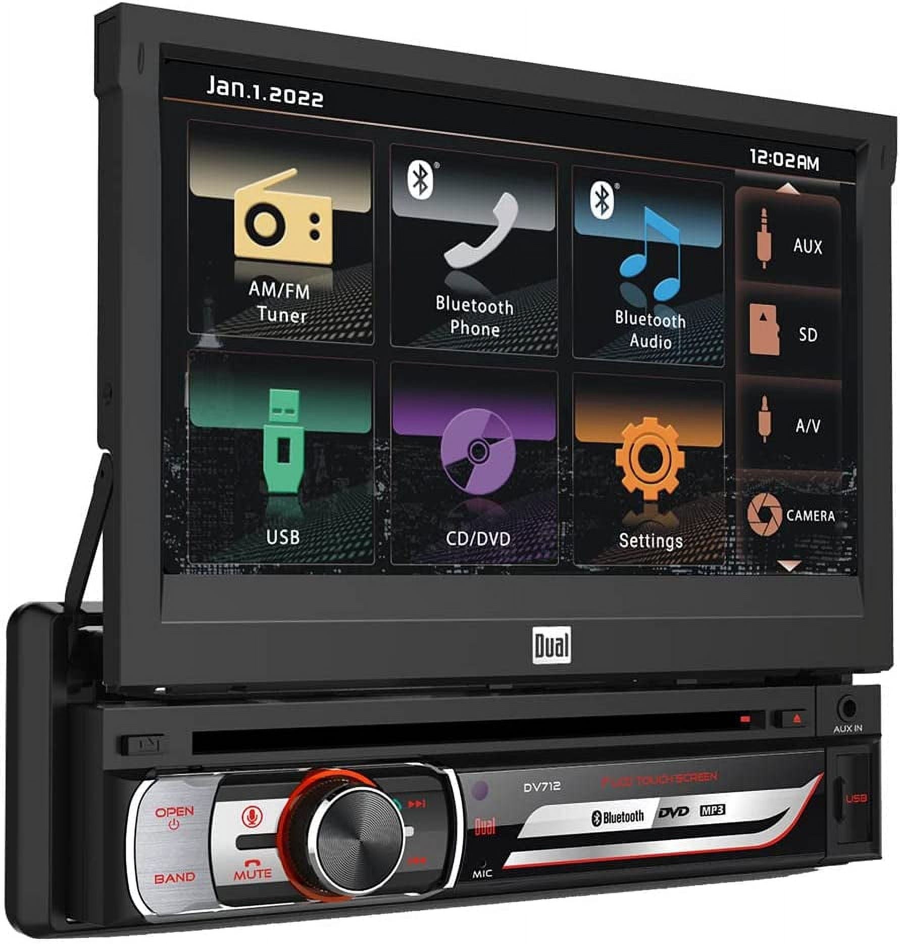 Dual DV712 7 inch Single DIN Car Stereo Radio | Multimedia Touch Screen | Siri/Google Voice Assist | Bluetooth | CD/DVD | USB and microSD Inputs