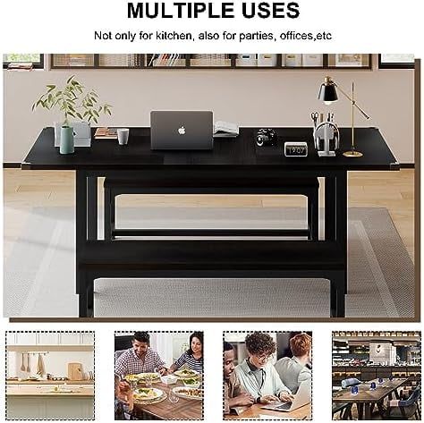 PPDMBIUU 3-Piece Dining Table Set with 2 Benches  Extendable Dining Room Table for 4-8  Kitchen Table Set with Metal Frame & Wooden Board  Easy Clean  Walnut