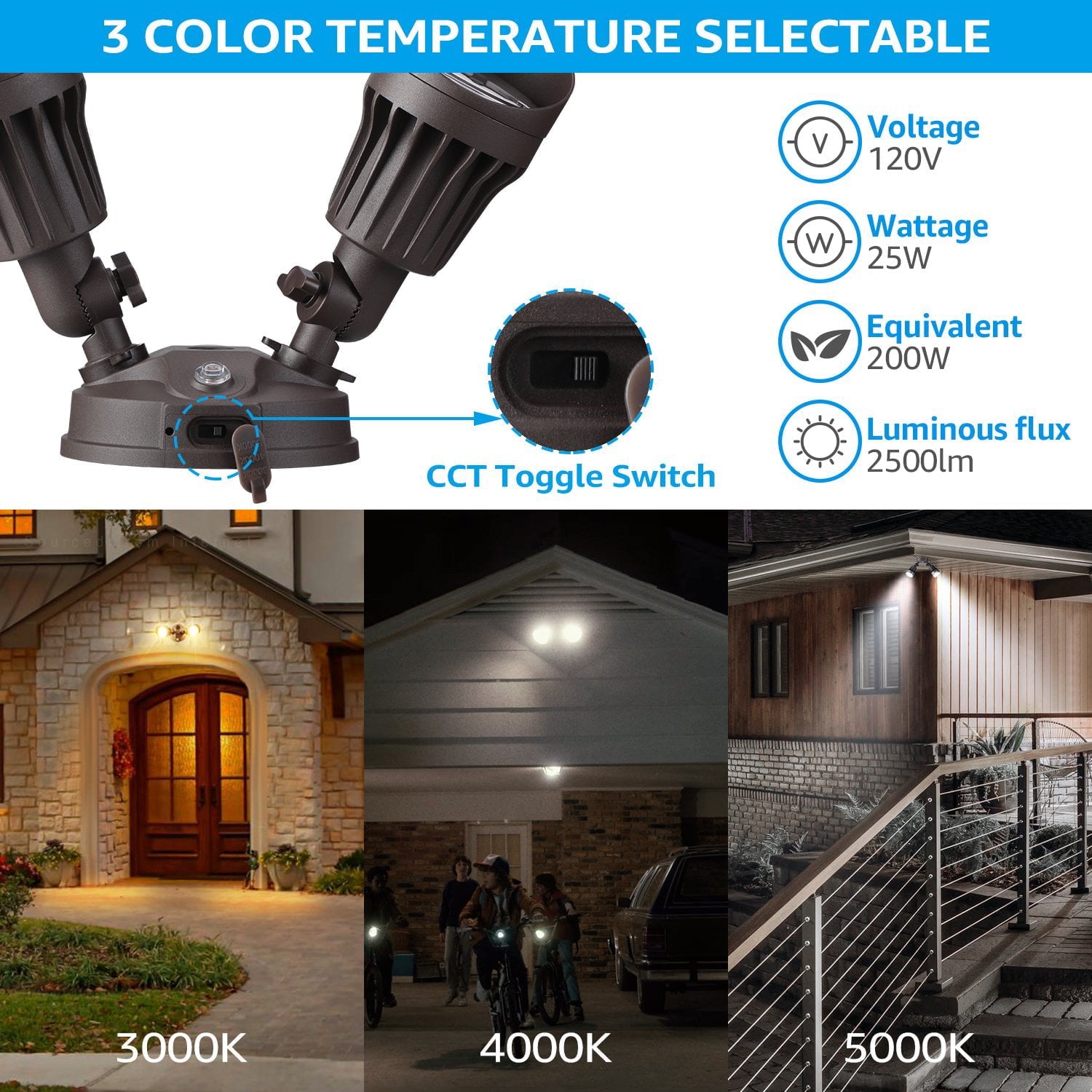 LEONLITE 2 Pack 3CCT LED Security Light, Dusk to Dawn LED Flood Light, Warm White/Cool White/Daylight Selectable, 2-Head Adjustable, 25W(200W Equiv.), Bronze