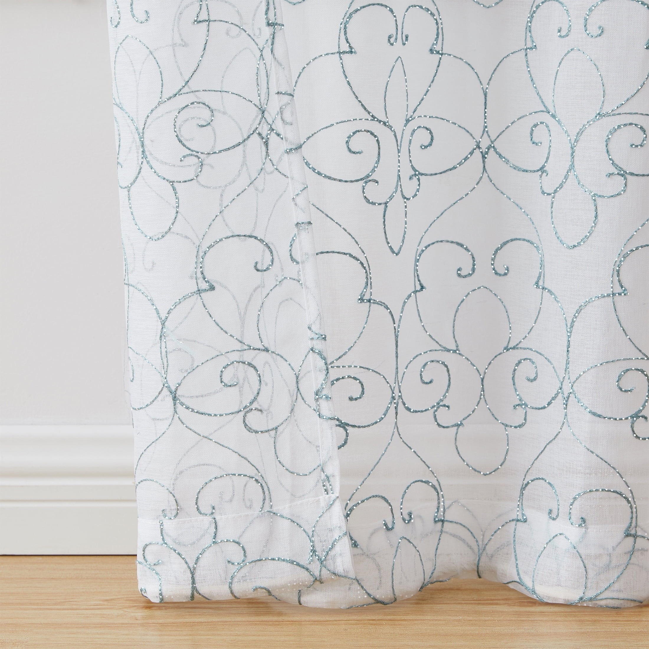 Mainstays Modern Scroll Aqua Rod Pocket Sheer Curtain Set, 28