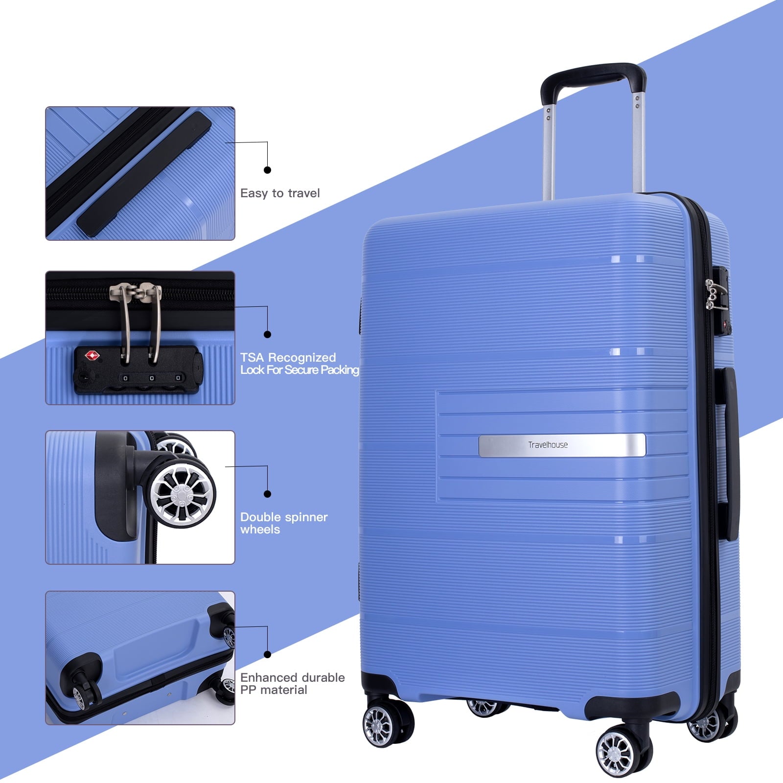 Tripcomp 3 Piece Luggage Sets, Hard shell Carry On Luggage, PP case with Two Hooks, Spinner Wheels, TSA Lock, Airline Approved, Lightweight Durable Suitcase, （20”24”28”）(Purplish Blue)