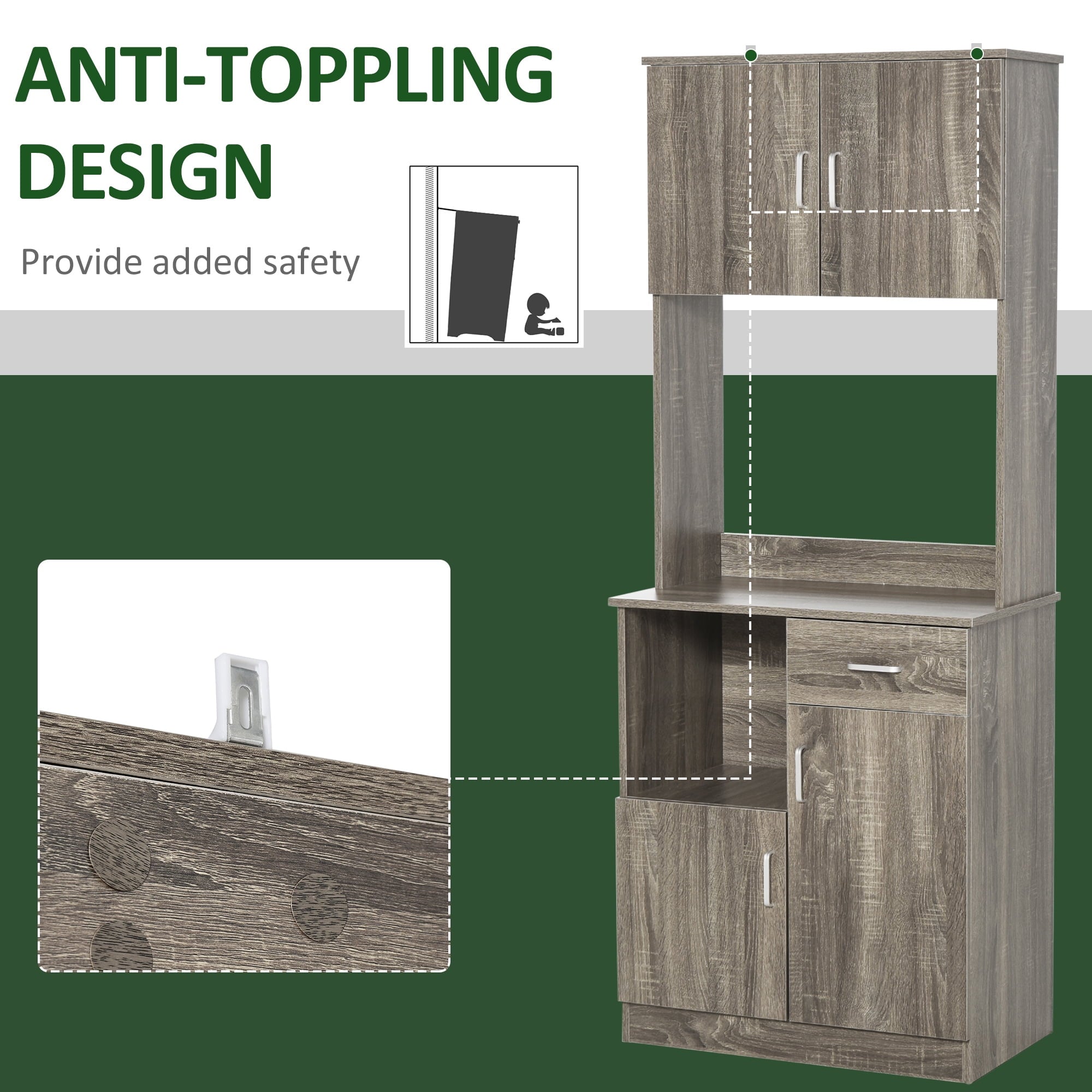 HOMCOM Kitchen Pantry Storage Cabinet with Microwave Stand, Buffet with Hutch, Door Cupboards, Drawer and Adjustable Shelves, Gray