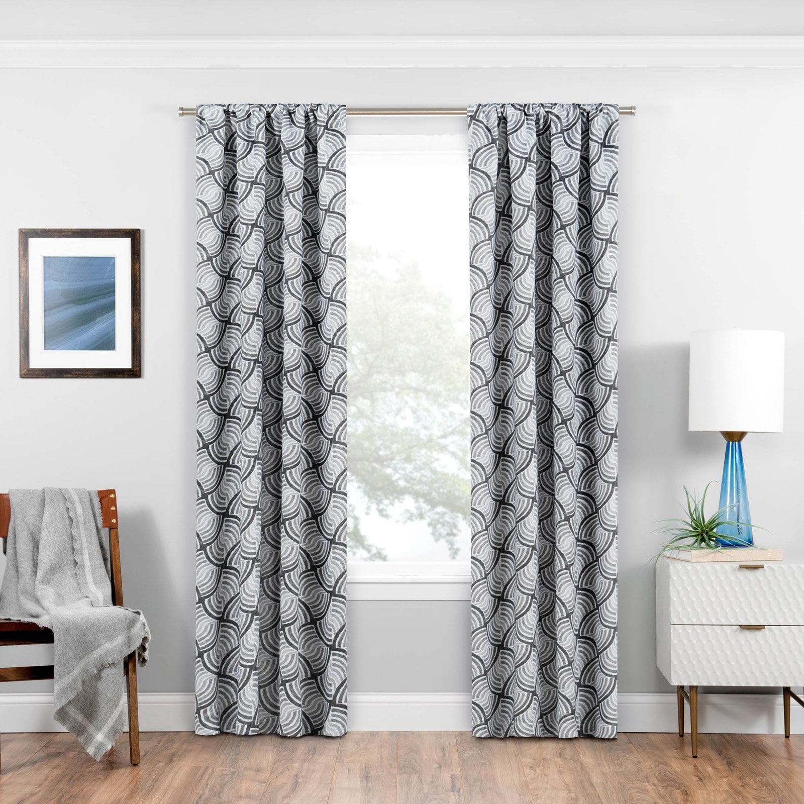 Eclipse Benchley Geometric Print Blackout Rod Pocket Window Curtain, Teal, 37