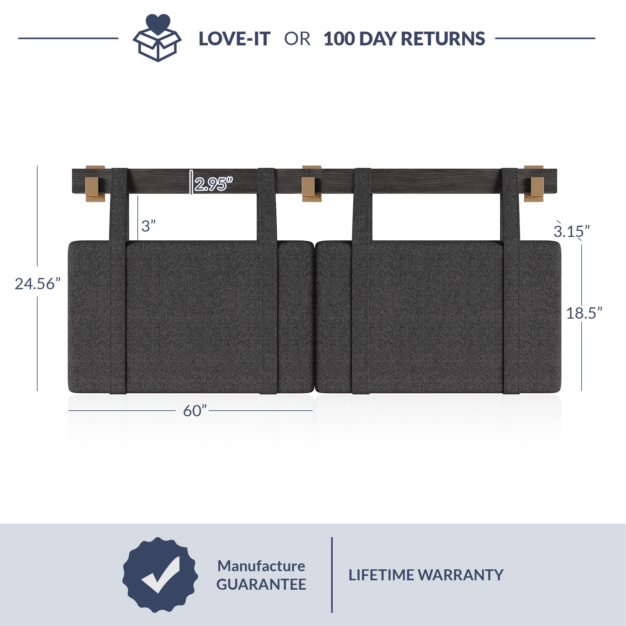 BELLEZE Wall Mounted Queen Headboard, Padded Headboard Linen Fabric Upholstered Head Boards for Queen Size Bed, Solid Wood Hanging Headboard Panels with Stainless Steel J Hooks for Bedroom - Black