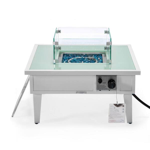Walbrooke Modern White Patio Square Fire Pit Table with Aluminum Frame