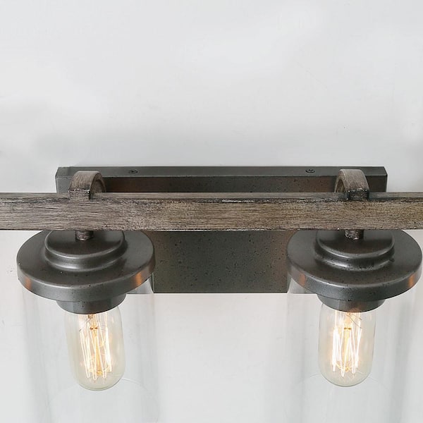 28 in. 4-Light Rust Black Farmhouse Bathroom Vanity Light with Brushed Faux Wood/Gray Accents and Clear Glass Shades
