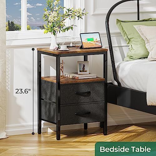 END TABLE with Charging Station Drawer Nightstand Bedside Rustic Brown HUUGER