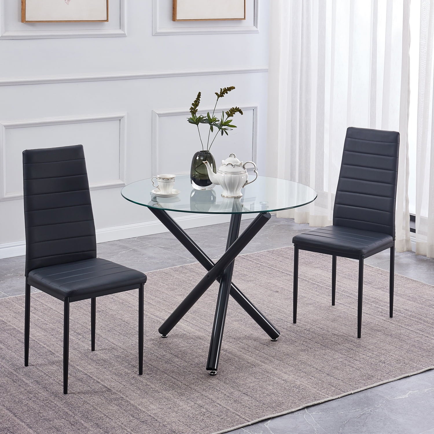 Dining Chair Set of 2, ROZHOME Modern Kitchen Chairs PU Side Chairs with Metal Legs and Frame(Black)