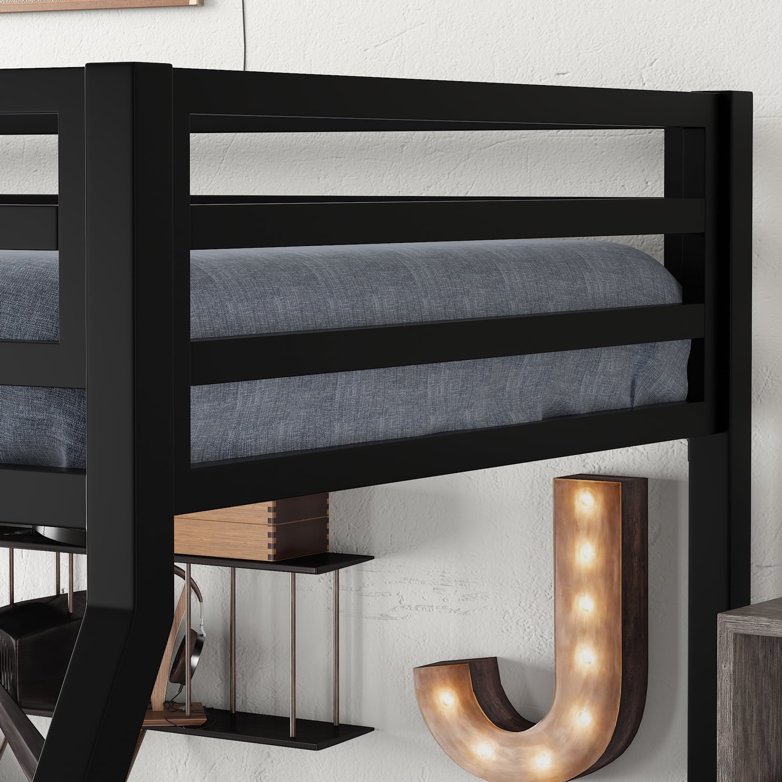 Amolife Twin Over Full Metal Bunk Bed with Stairs, Fullength Guardrail, Matte Black