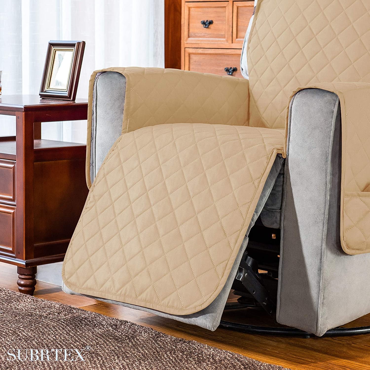 Subrtex Reversible 1-Piece Quilted Recliner Chair Cover, Large, Sand