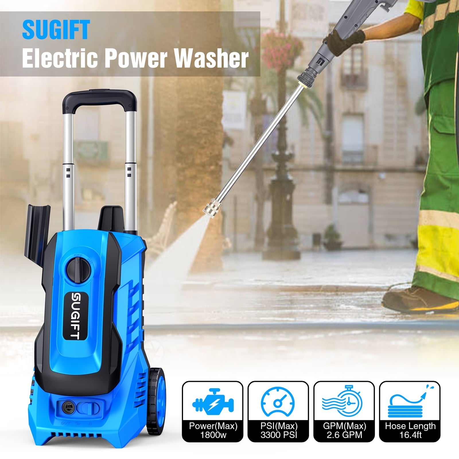 SUGIFT Electric Pressure Washer, 14.5-Amp, Pressure Select Technology, 3300 PSI Max, 2 GPM Max