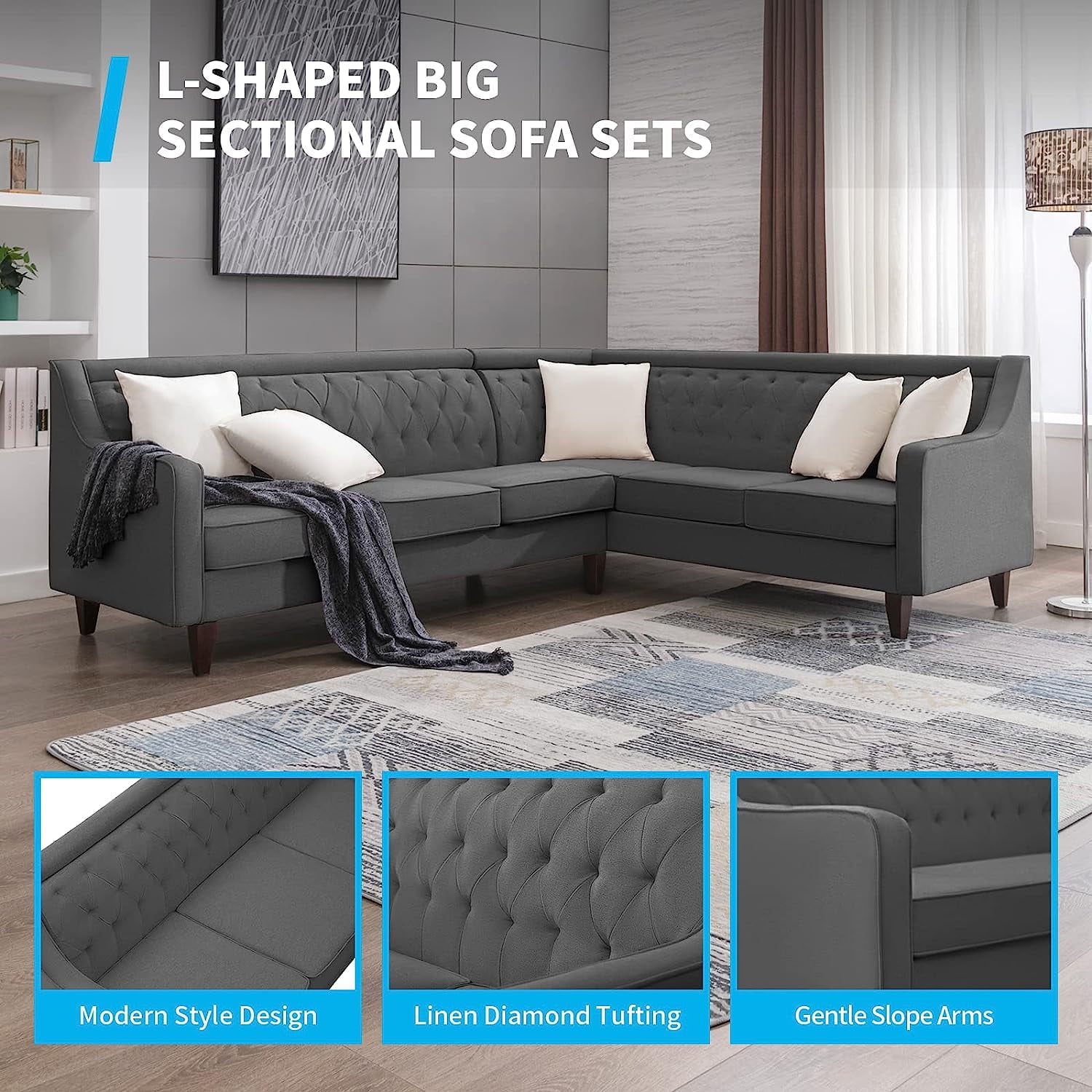 BALUS L Shaped Sofa Couch, Sectional Couches for Living Room, 6-seat Sofa Couch Has Button Tufted Backrest, U Shape Grey Sofa for Living Room/Apartment/Office (Dark Grey)