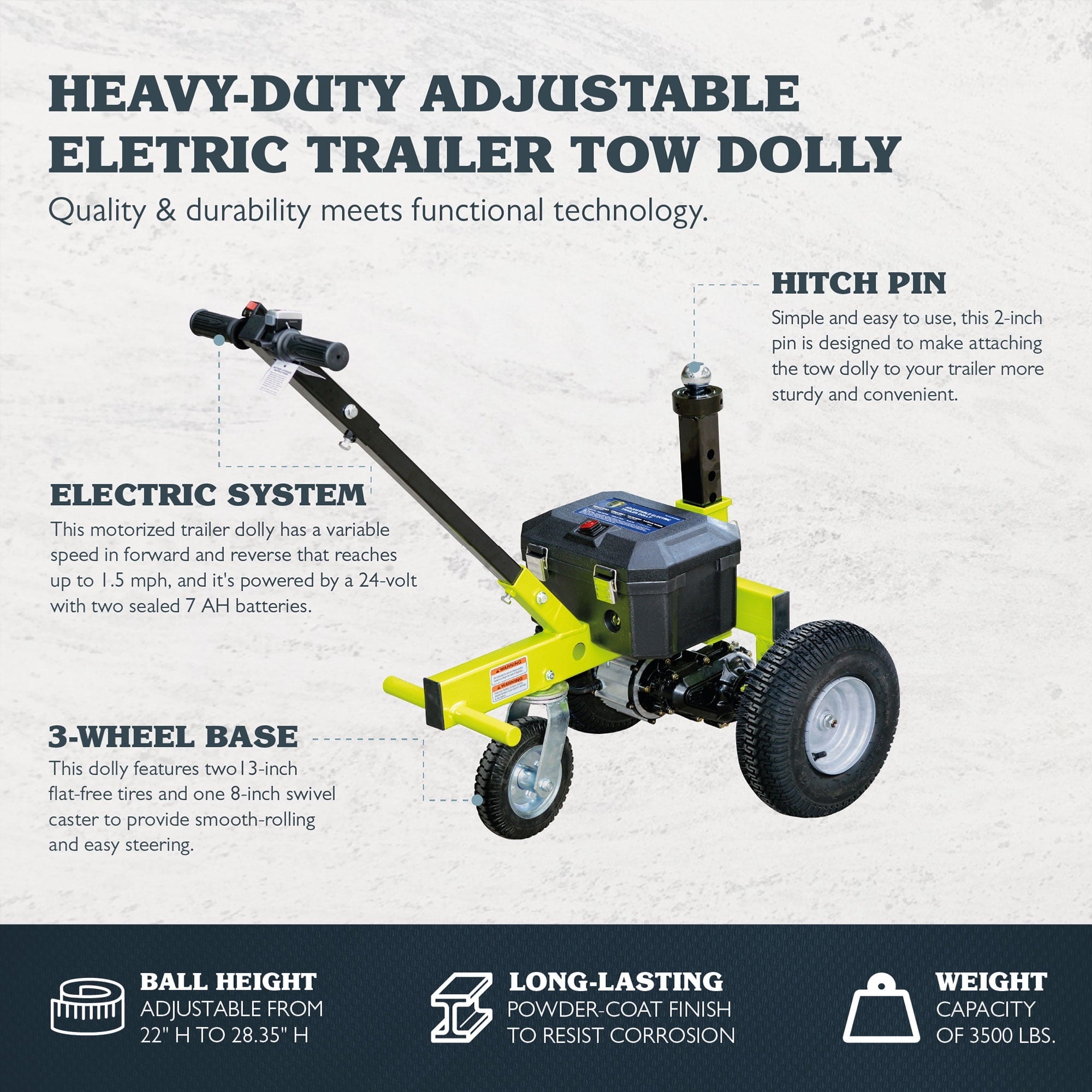 Tow Tuff TMD-35ETD8 Adjustable 3500 Pound Capacity Electric Trailer Dolly