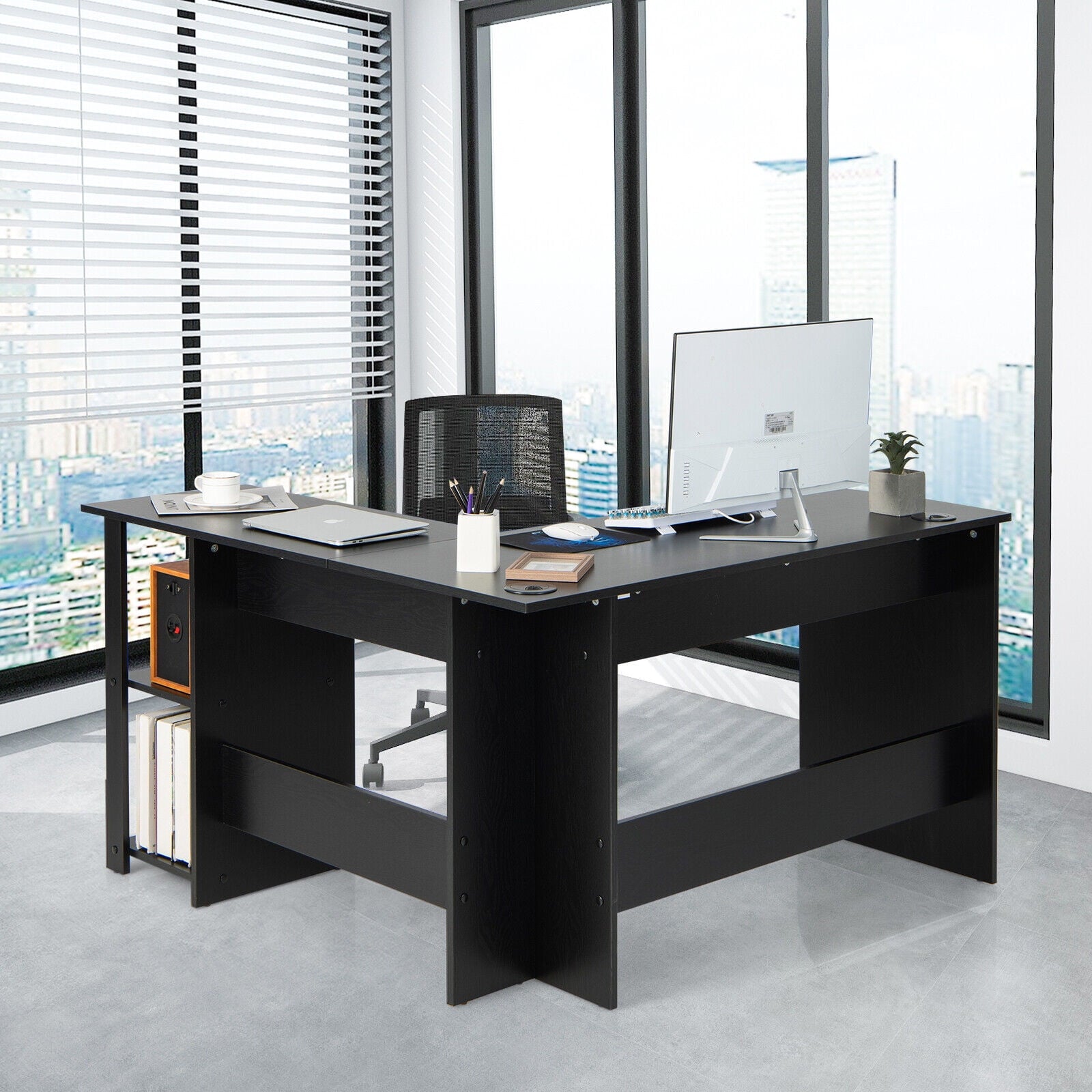 Gymax L-Shaped Office Computer Desk w/ Spacious Desktop & 2-Tier Open Shelves Black