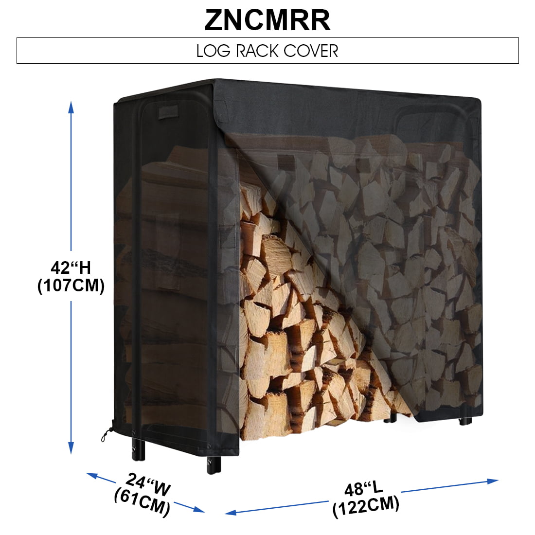 Firewood Rack Cover, Outdoor Log Rack Cover 4 feet 600D Waterproof,48(L)x42(W)x24(H) inches, Black