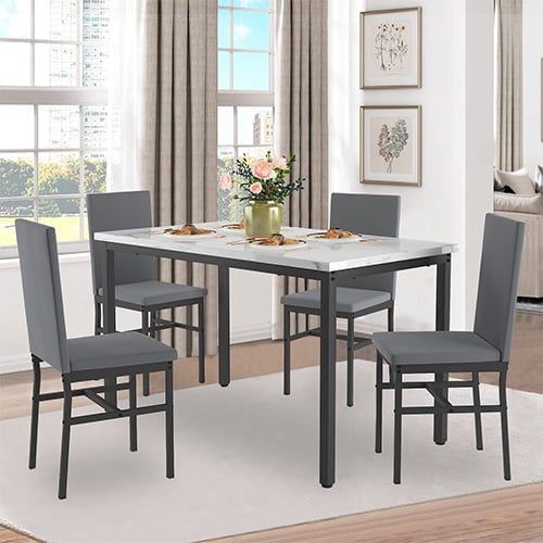 SEGMART Kitchen Dining Table Set for 4, Home Kitchen Table with Marble Tabletop and 4 PU Leather Chairs, Metal Frame Pub Table Set, Dinette Set for Family Gathering & Dining - Easy to Assemble, B1402