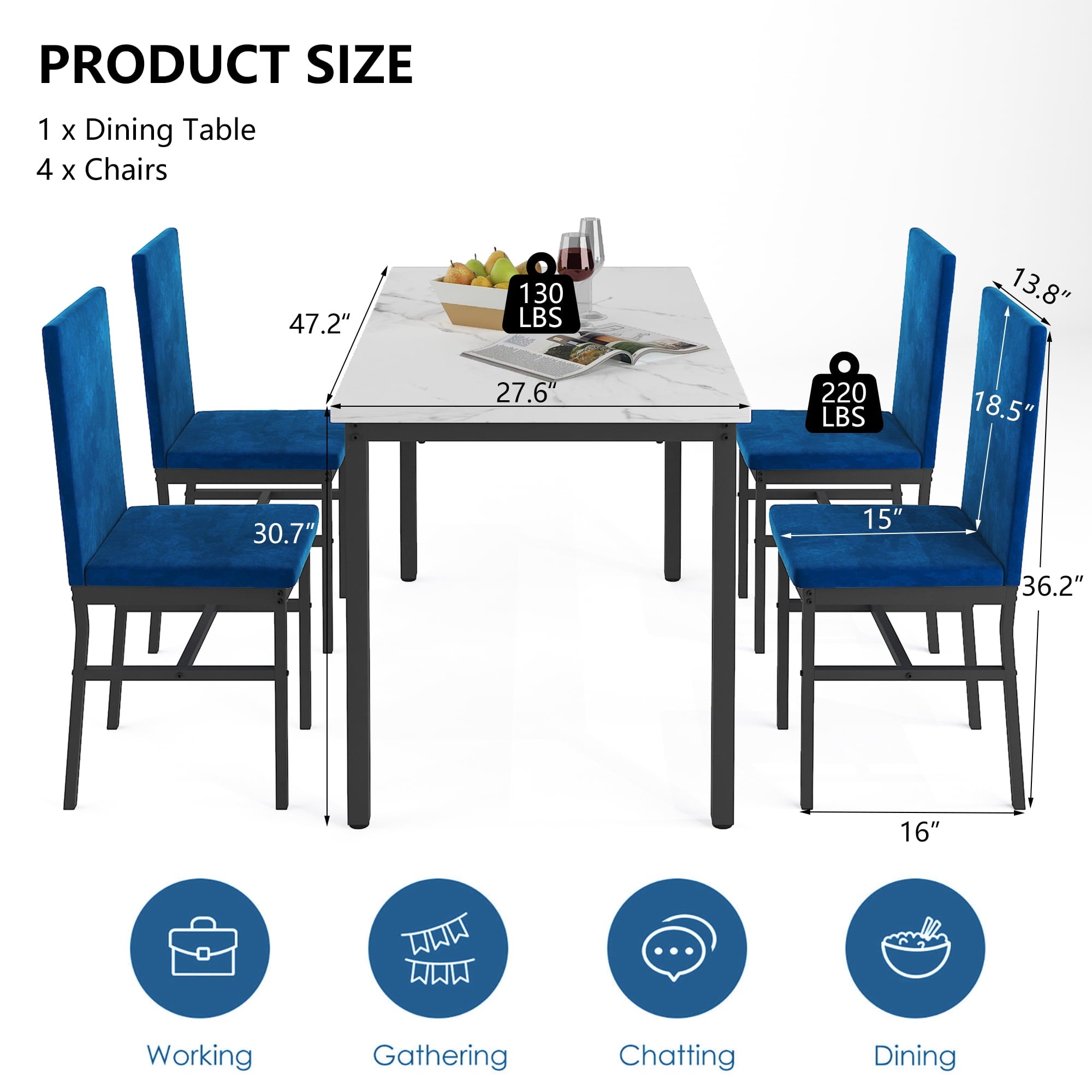 Rectangle Dining Table Set, 5 Pieces Dining Set, Dine Table and 4 Velvet Chairs, Compact Kitchen Table Set for Home, Breakfast Nook, Cafeteria Dining Room, JA4324