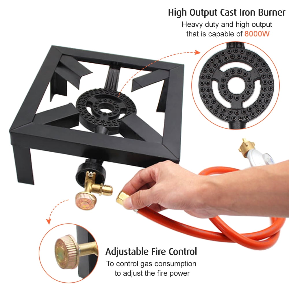 8KW Propane Cooker Single Burner Stove Gas Outdoor Cooking Camping Stand BBQ Grill with High Pressure Propane Regulator Hose