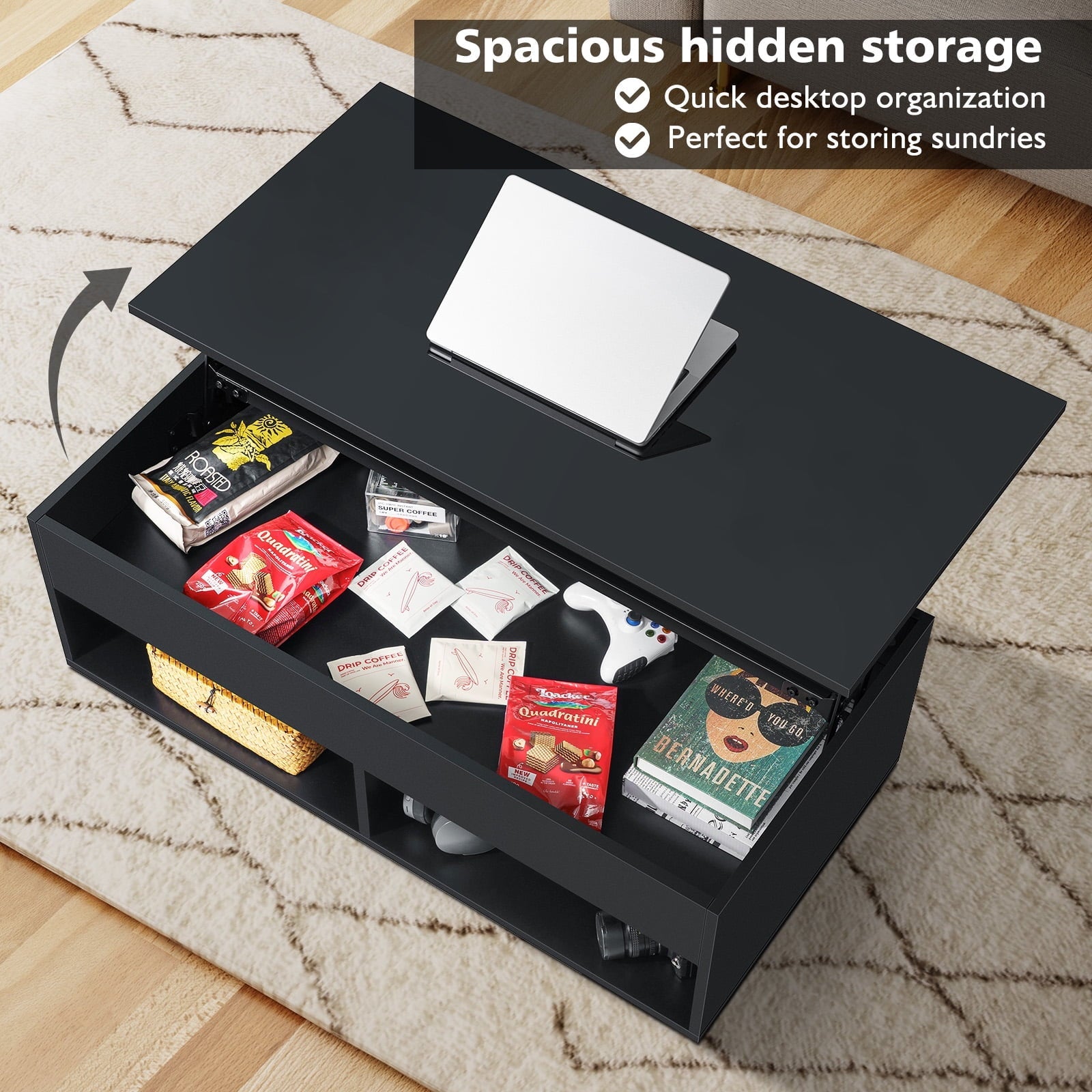 Hommpa Lift Top Coffee Table with Hidden Compartment High Gloss LED Coffee Tables Center Rising Cocktail Table for Living Room Accent Furniture Black Finish