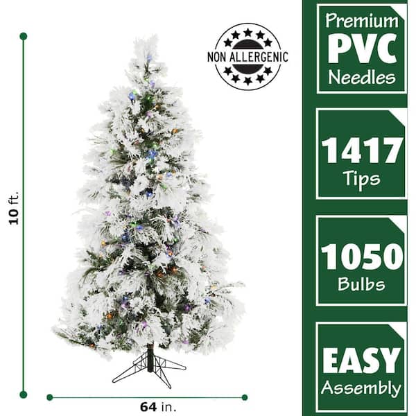 10 ft. Pre-lit LED Flocked Snowy Pine Artificial Christmas Tree with 1050 Multi-Color String Lights