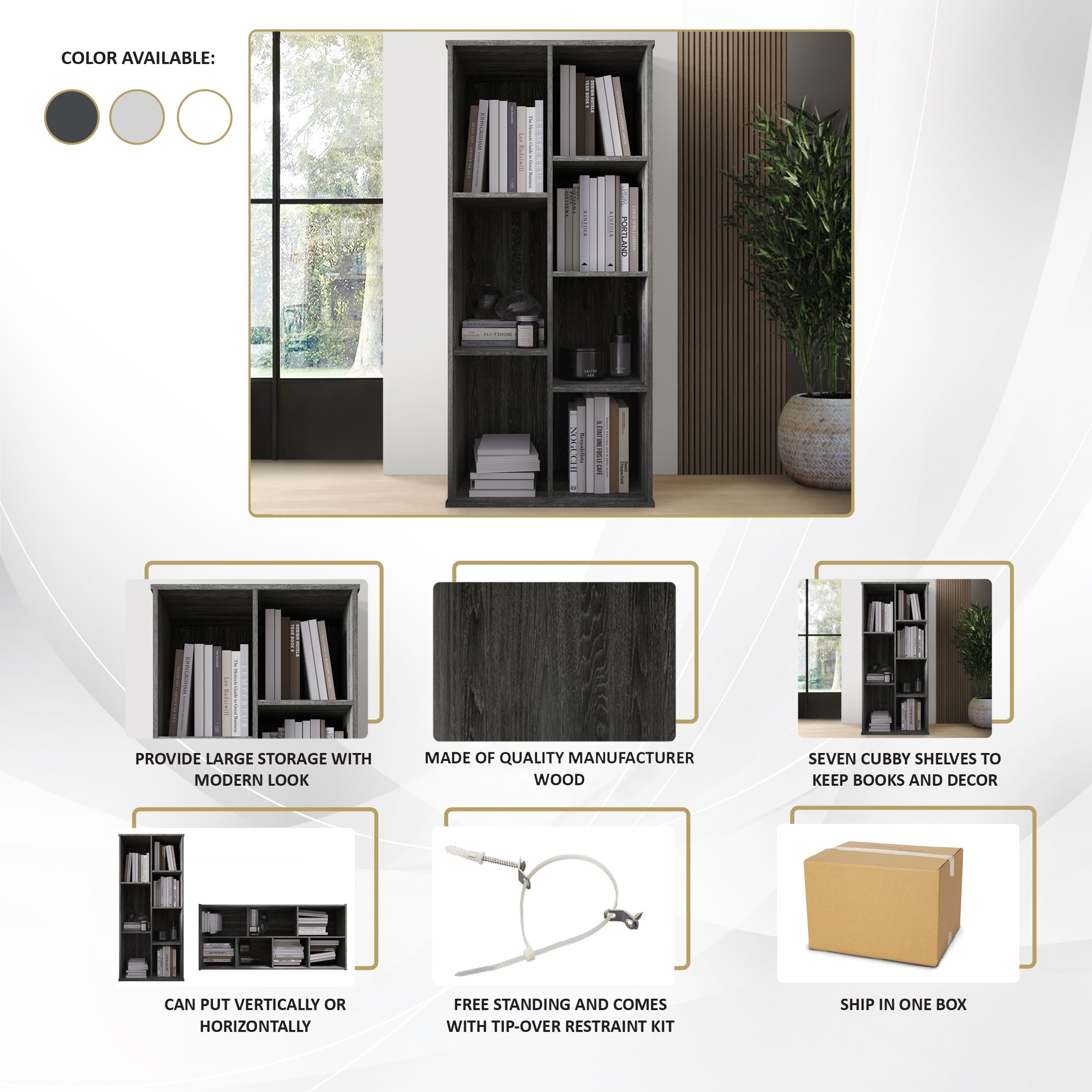 Castle Place Simple 7-Cube Open Shelf Bookcase, Dark Grey