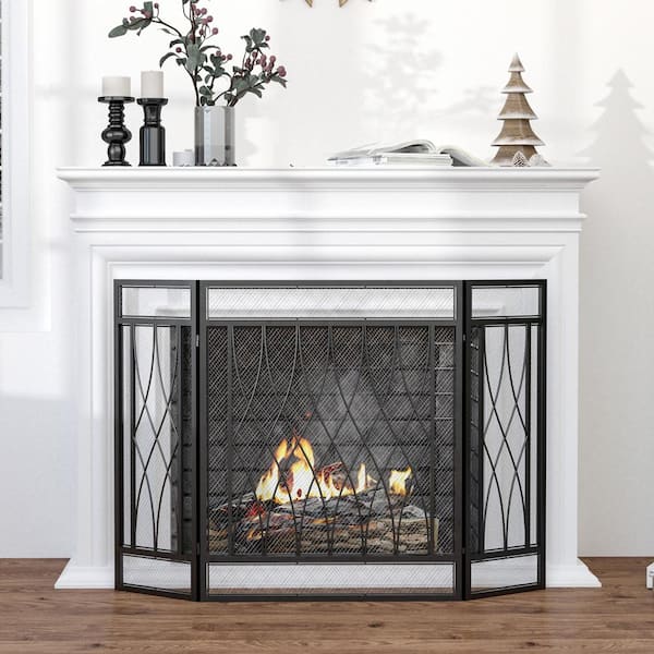 49.5 in. x 31.5 in. Black 3-Panel Folding Fireplace Screen, Metal Mesh Fire Spark Guard