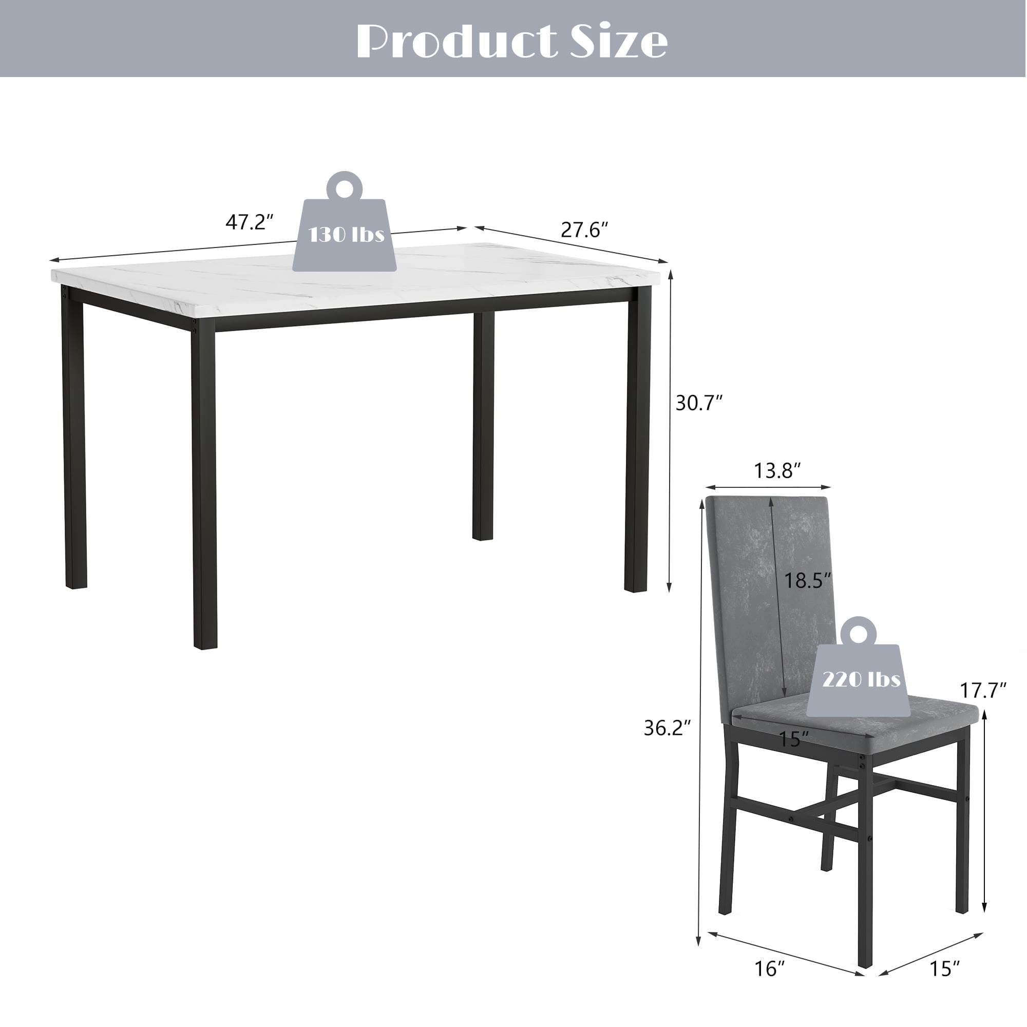 Paproos Dining Table Set for 4, Modern 5-Piece Kitchen Table Set with Marble Top and Velvet Upholstery Chairs, Heavy Duty Dinette Sets for Breakfast Nook, Dining Room Table and Chairs, Gray