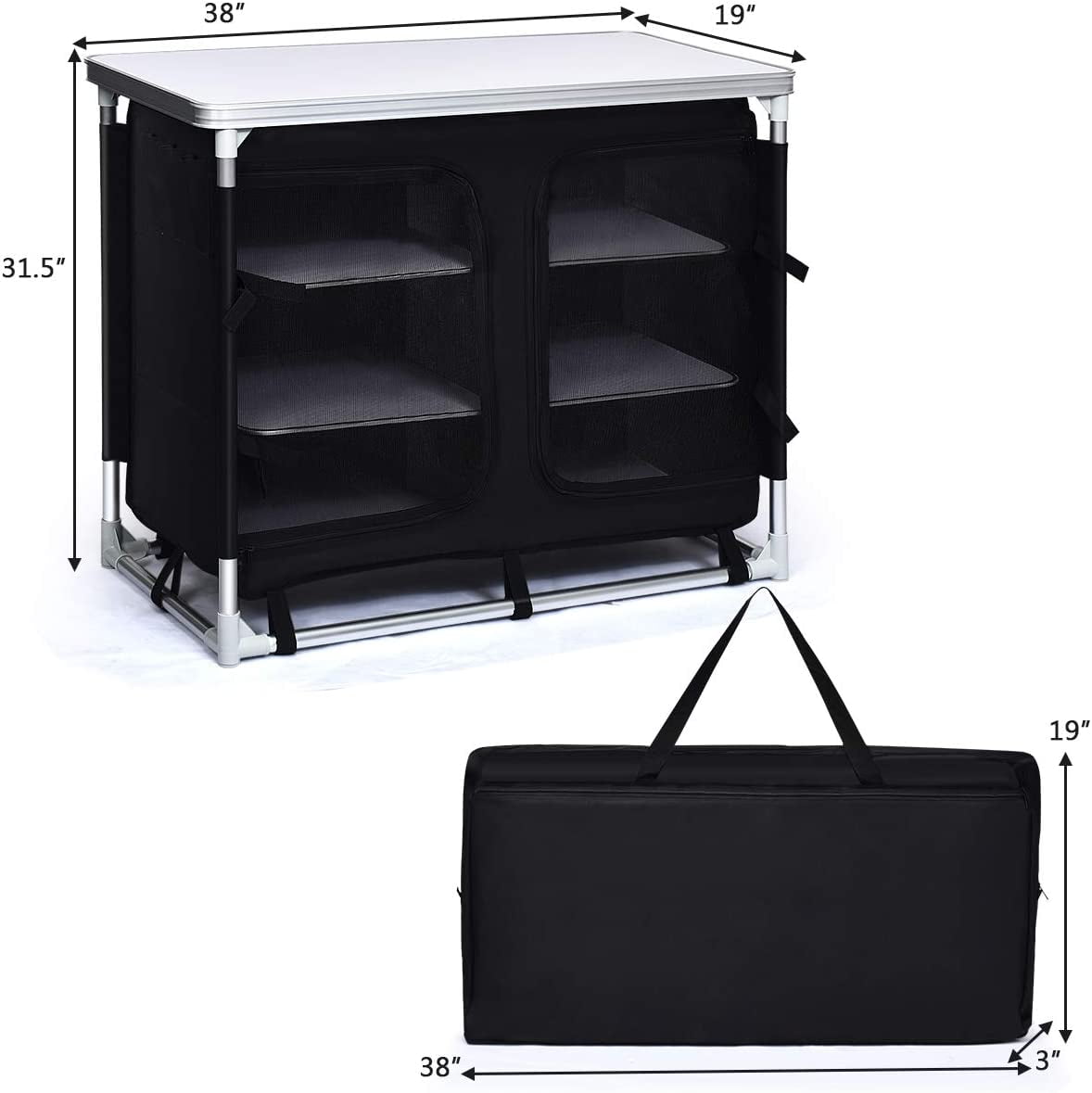 Cook Table Kitchen Station with Storage Organizer and Carrying Bag, for BBQ Party, Picnics, Backyards, Tailgating, Portable, Black