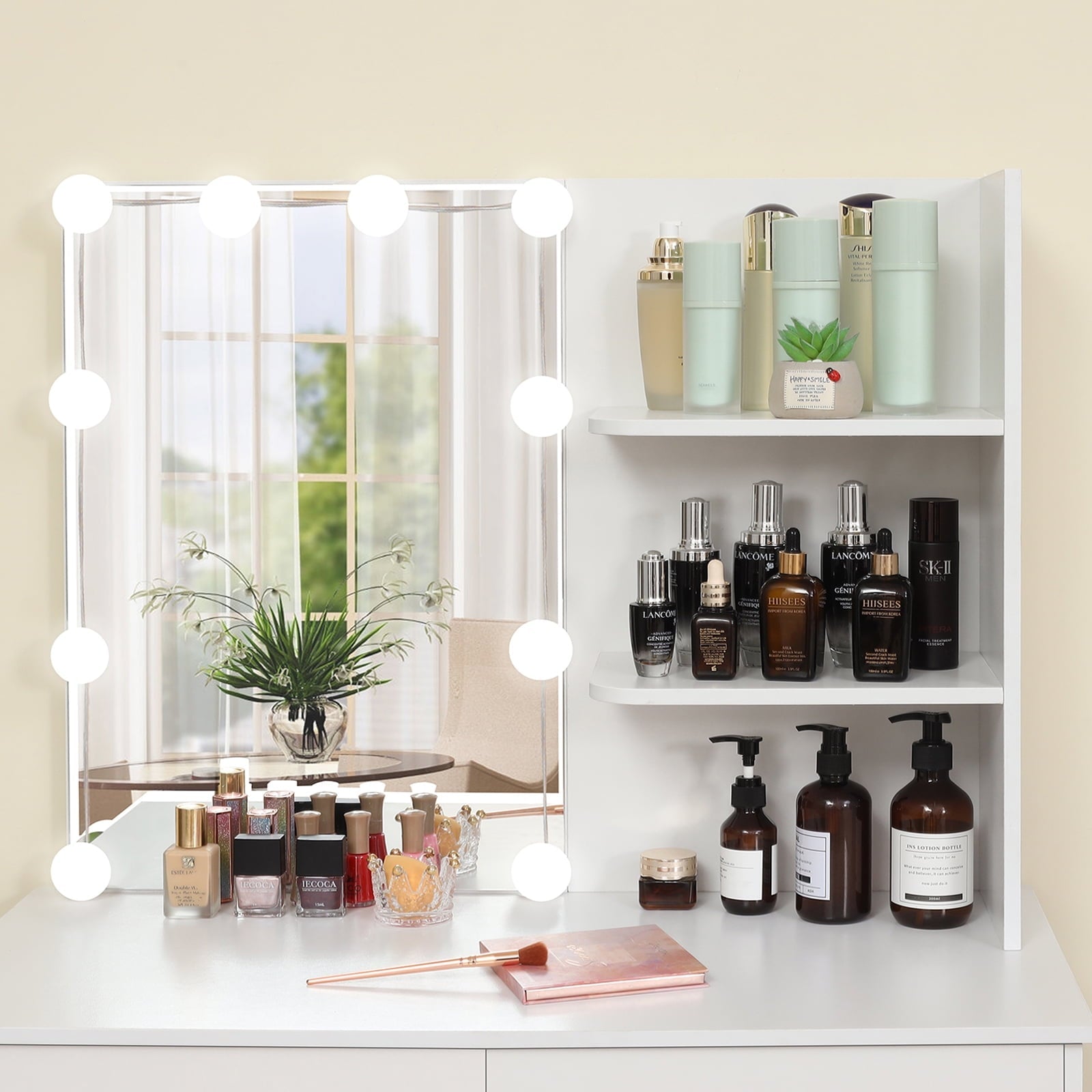 USIKEY Vanity Table Set for Gift with 10 Hollywood Style Lights, Dressing Vanity Table with 2 Long Shelves and 2 Big Drawers, Makeup Table with Cushioned Stool for Women, Girls, Bedroom, White