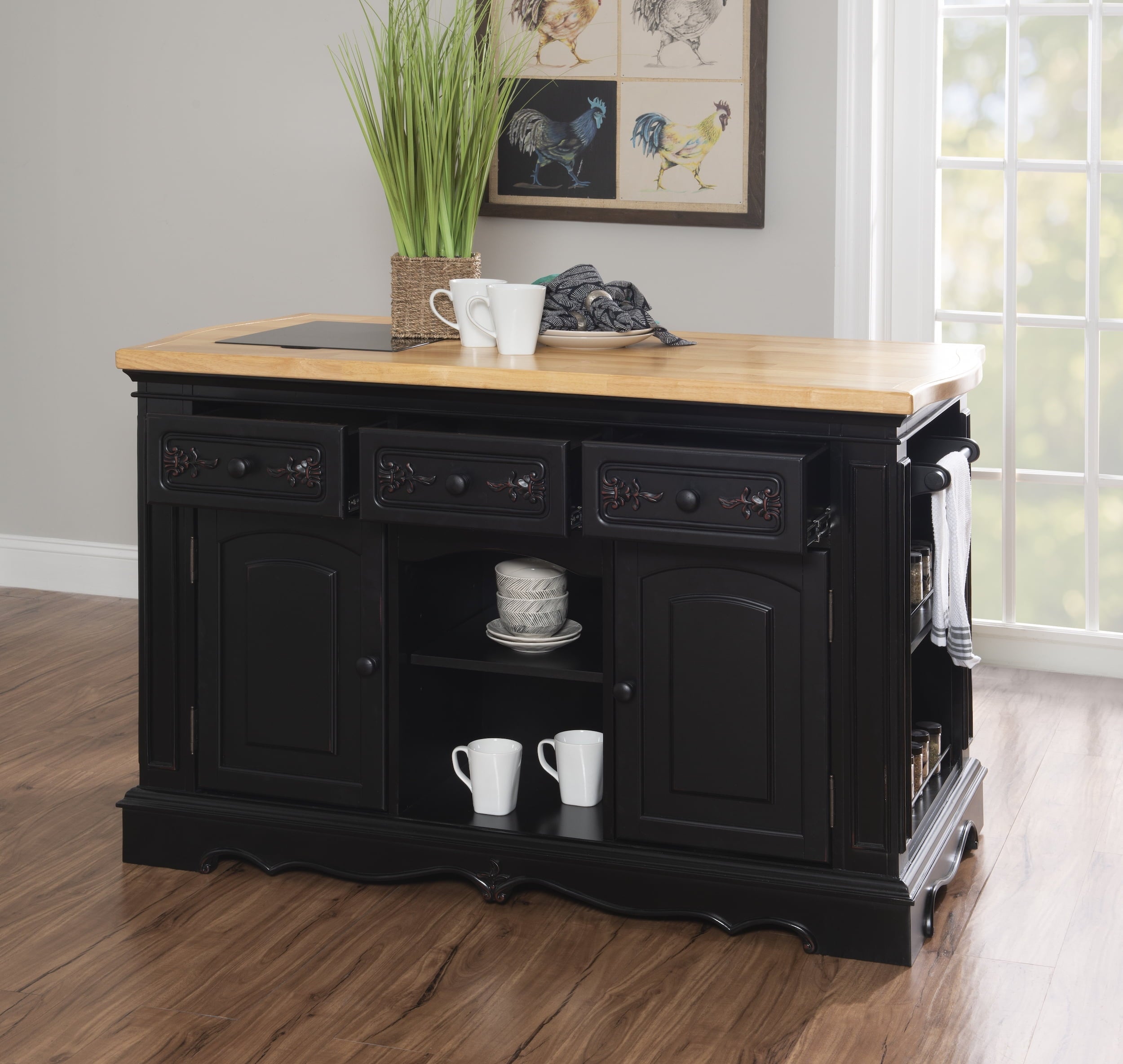 Pennfield Kitchen Island with Black Granite Removable Cutting Surface, Black and Natural