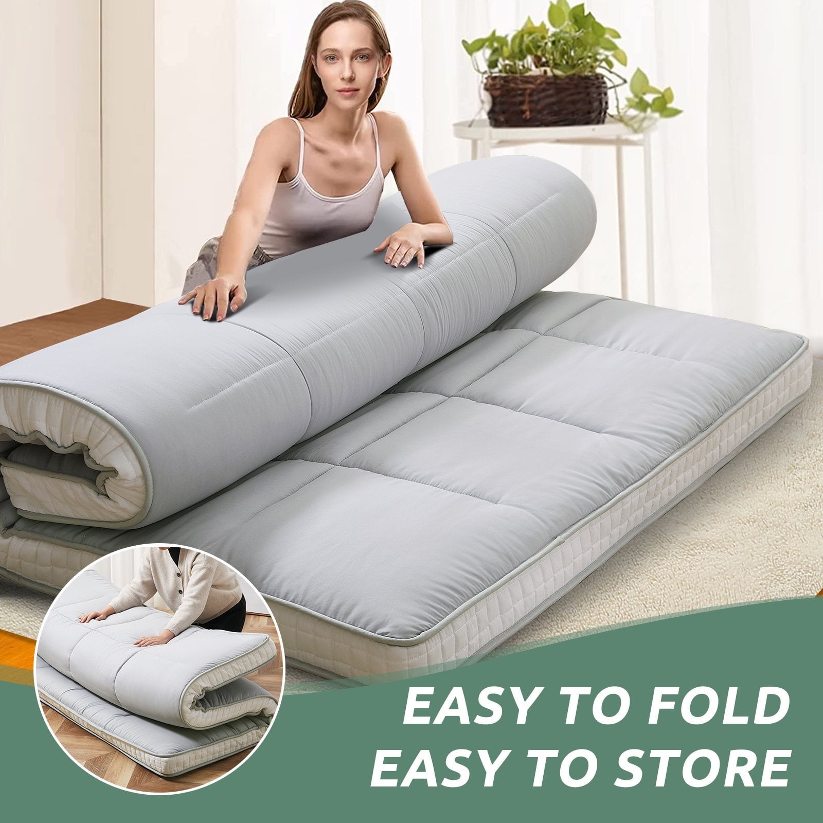 Japanese Floor Mattress,Futon Mattress, Extra Thick Folding Sleeping Pad, Tatami Mat Foldable Roll Up Mattress Gray, Full