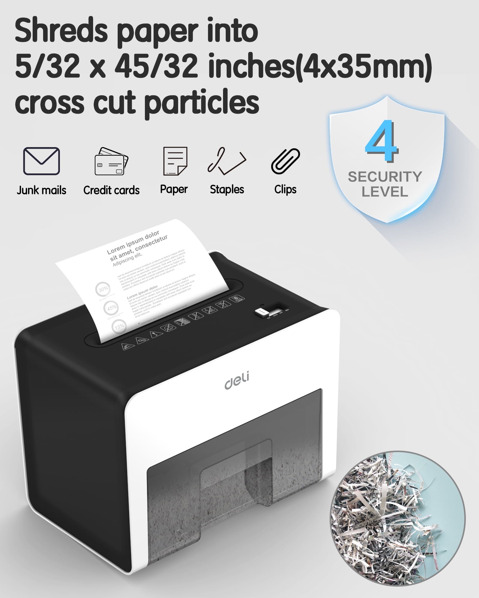 Deli 8-Sheet Paper Shredder Home Office Use Shredder, Mini Desktop Crosscut Shredder with 0.7 Gallon Bin Shred Credit Card/Mail/Staple/Clip, P-4 Security Paper Cutter, White