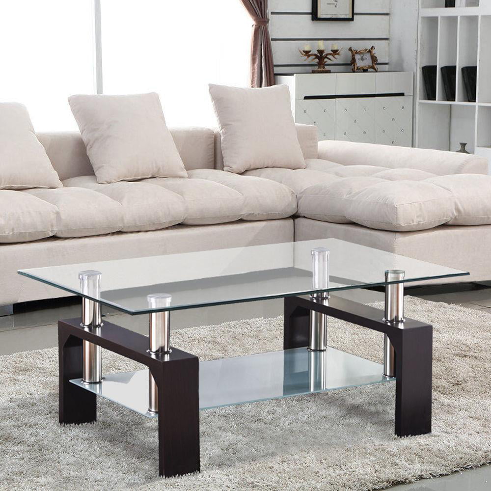 Ktaxon Rectangular Glass Coffee Table Shelf Wood Living Room Furniture Chrome Base,Black