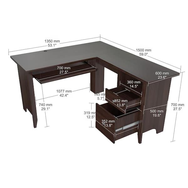53.1 in. Espresso Wengue L-Shaped 2 -Drawer Computer Desk with Keyboard Tray