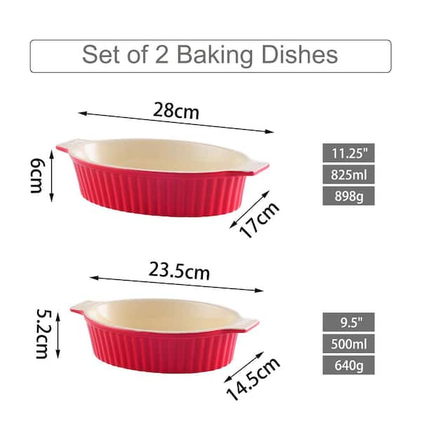2-Piece Red Oval Porcelain Bakeware Set 9.5 in. and 11.25 in. Baking Dish Pans