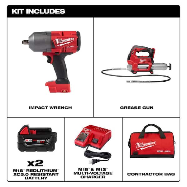 M18 FUEL 18V Lithium-Ion Brushless Cordless 1/2 in. High-Torque Impact Wrench with Grease Gun Kit, Resistant Batteries