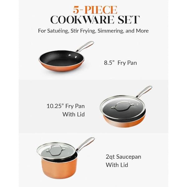 5-Piece Cast-Textured Aluminum Ti-Ceramic Nonstick Cookware Set in Copper