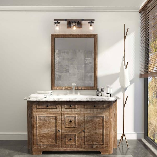 Modern Farmhouse Rust Black 3-Light Bathroom Vanity Light with Textured Faux Wood Accent and Mason Jar Glass Shades